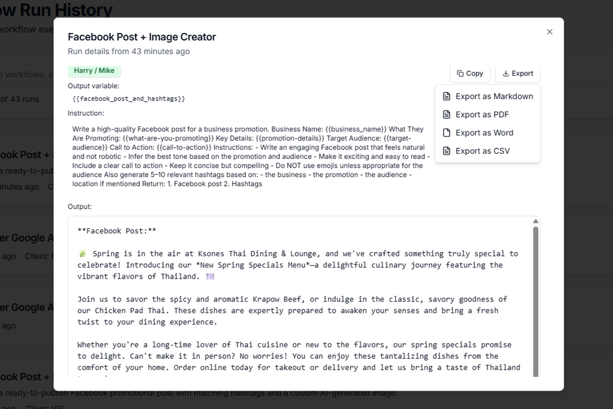 Generated Facebook post with copy, hashtags, and export options